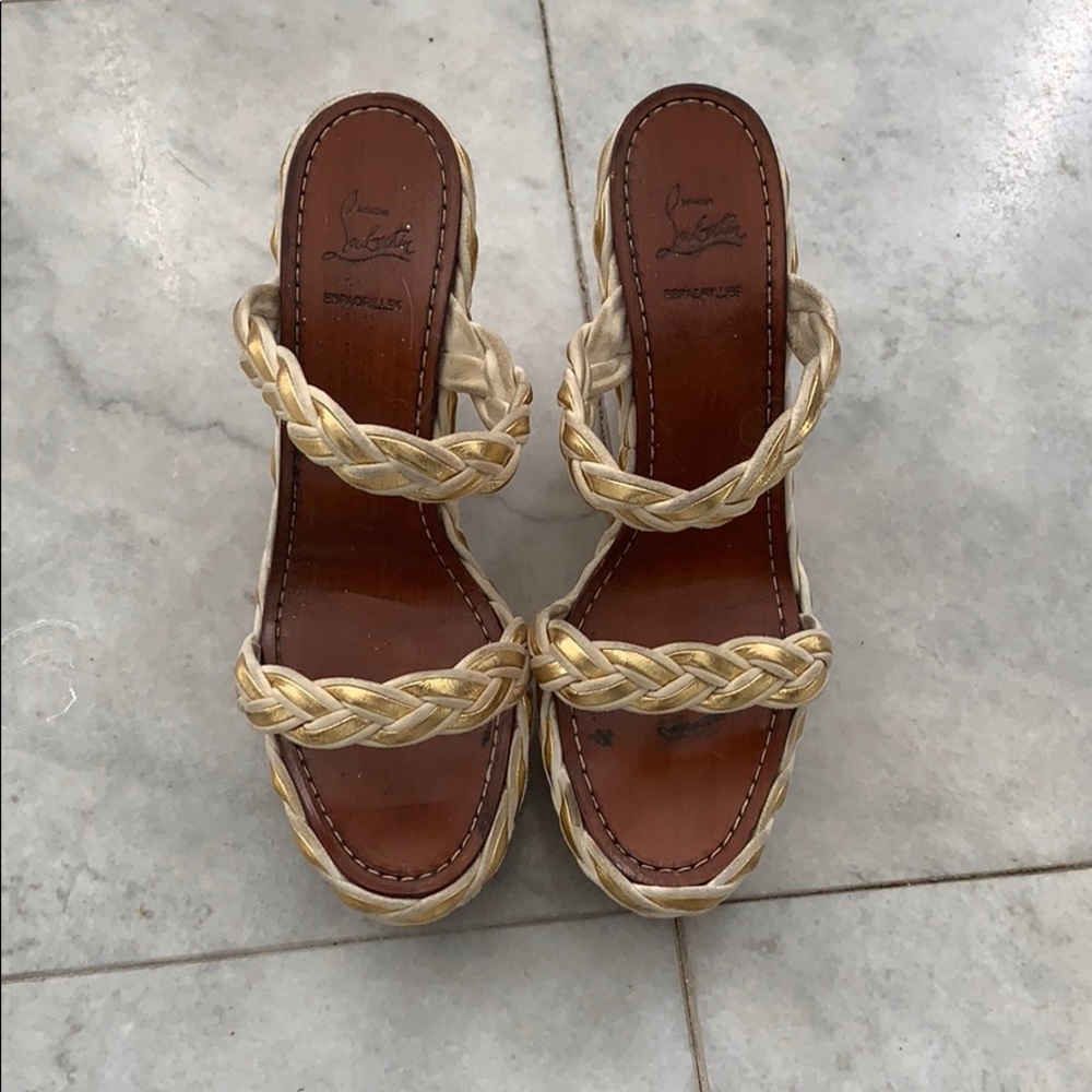 Christian Louboutin white and gold braided wedges